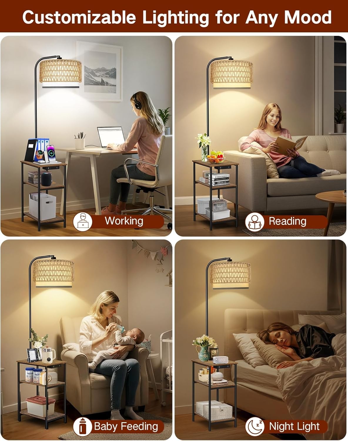 Floor Lamp with Table Rattan Shade Charging Station Dimmable LED Nightstand
