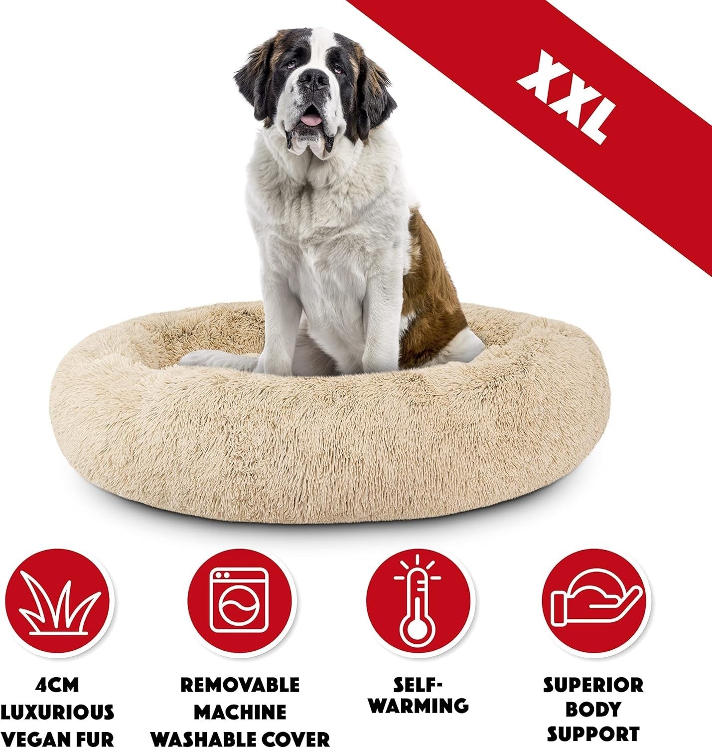 XXL Plush Donut Dog Bed 137cm Calming Round Nest Washable