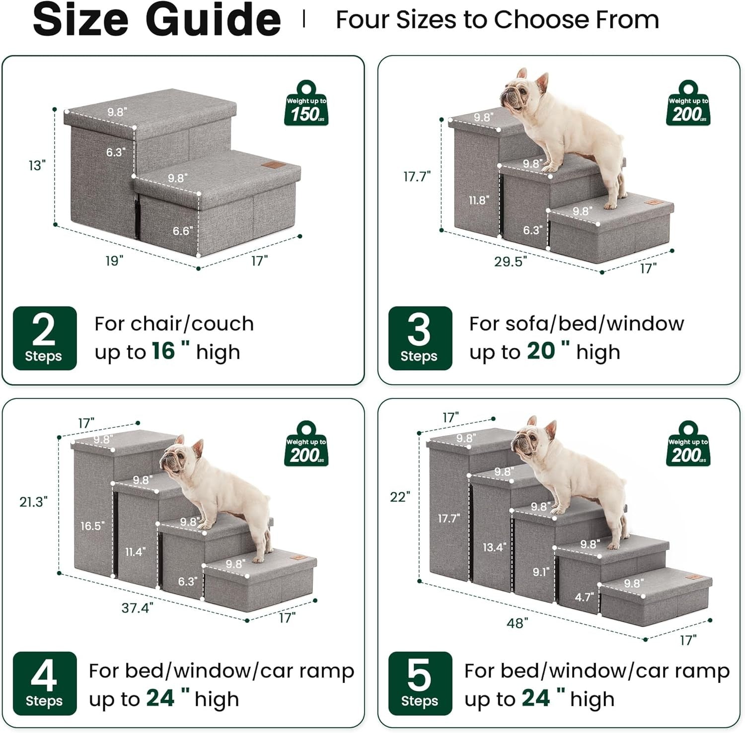 Dog Stairs 3 Step with Storage 18" High Foldable Pet Steps Grey