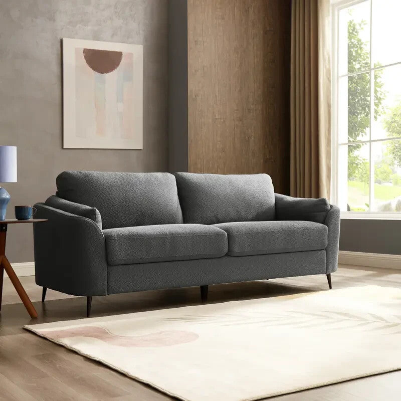 Dark Grey Boucle 3 Seater Sofa Modern Metal Legs Comfy Foam Cushions