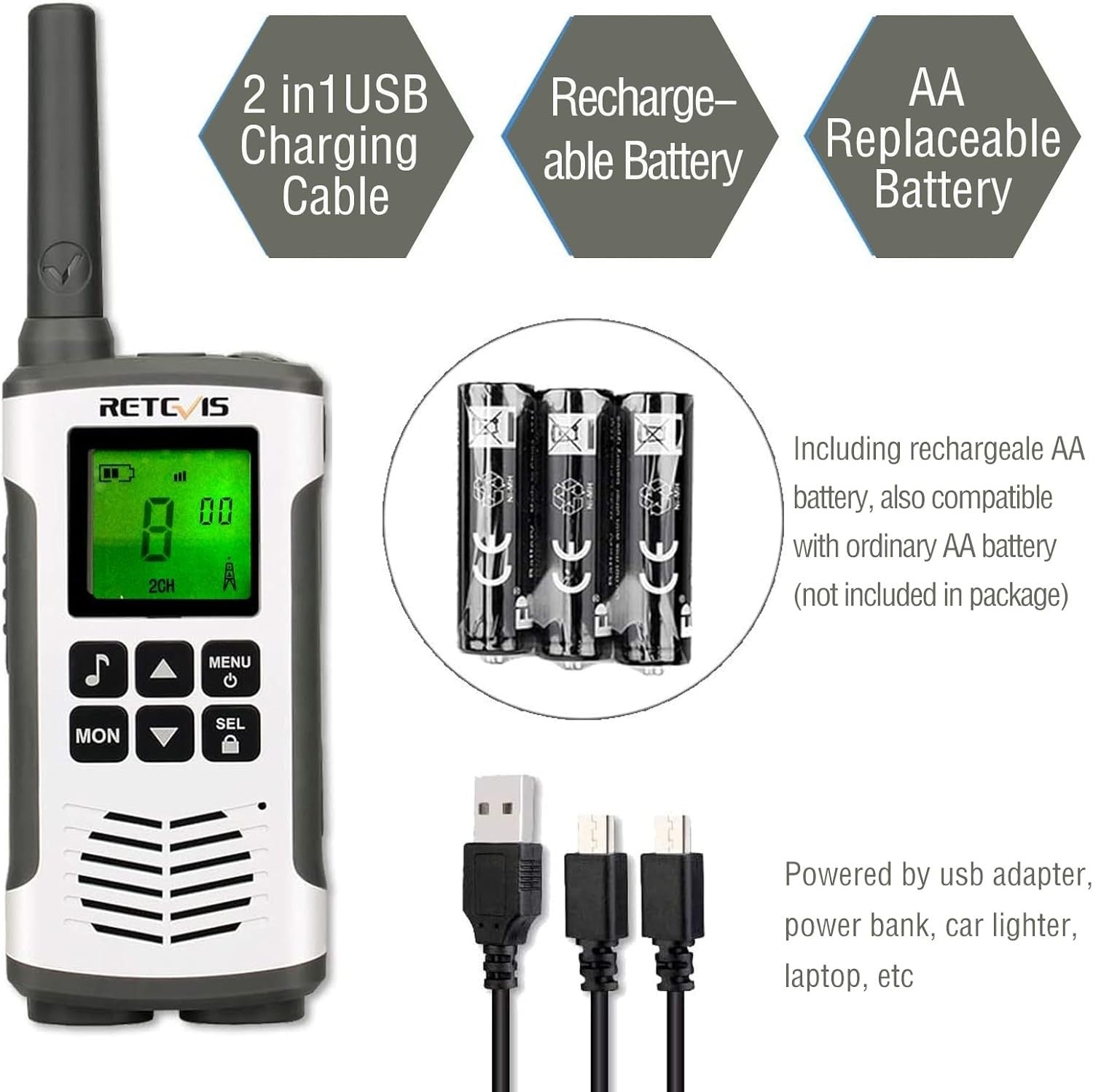 Rechargeable Walkie Talkies PMR446 VOX LED Flashlight 2 Pack Silver