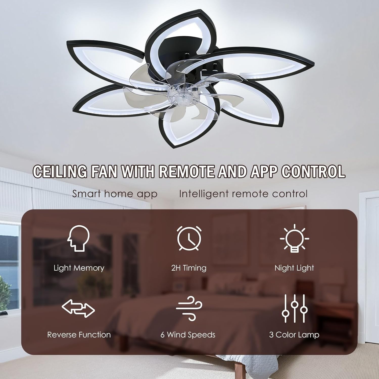 Ceiling Fan with Light, 6 Speeds, Dimmable, Flower Shape, 74 cm Black