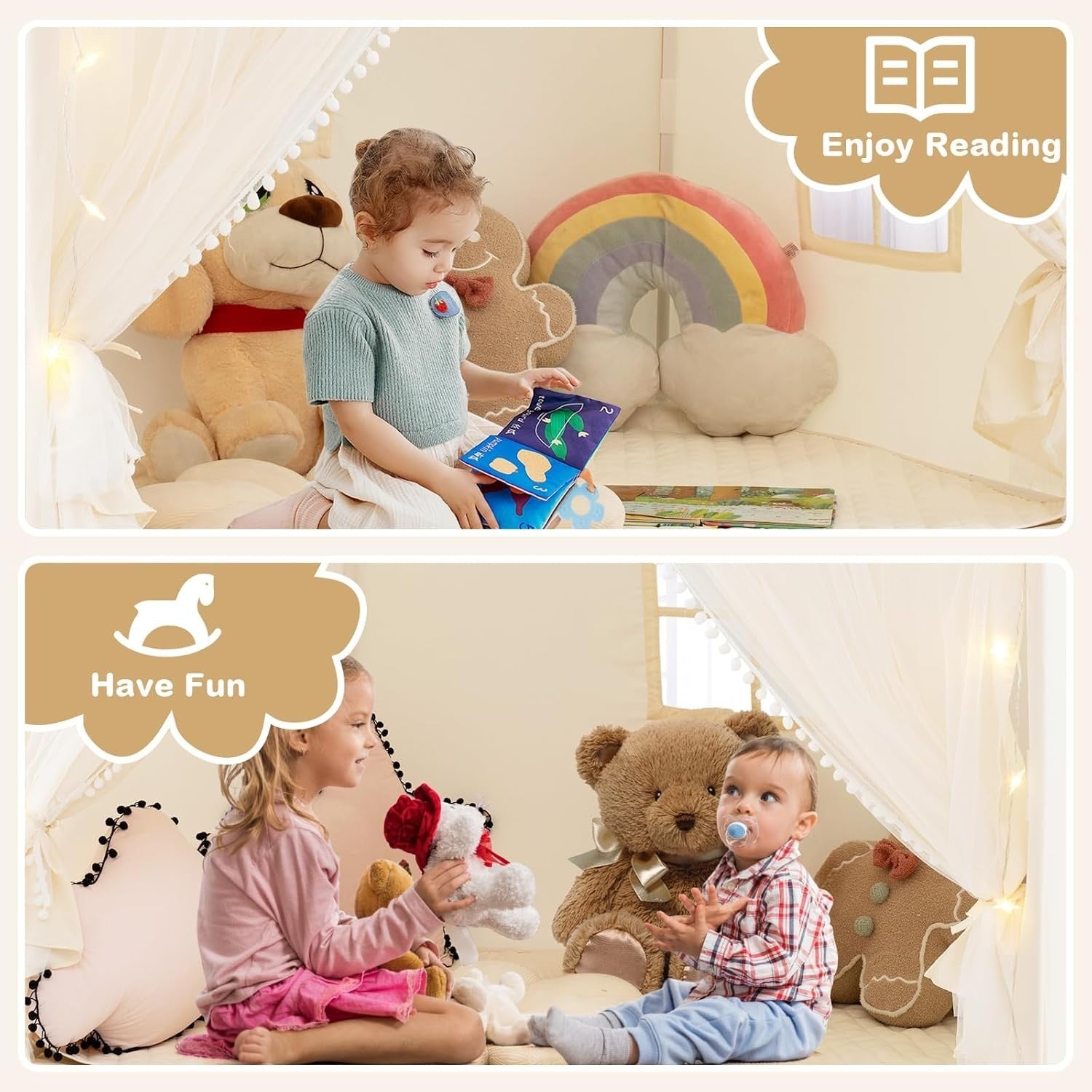 Beige Kids Fairy Castle Play Tent Indoor Outdoor w Lights Mat Curtains