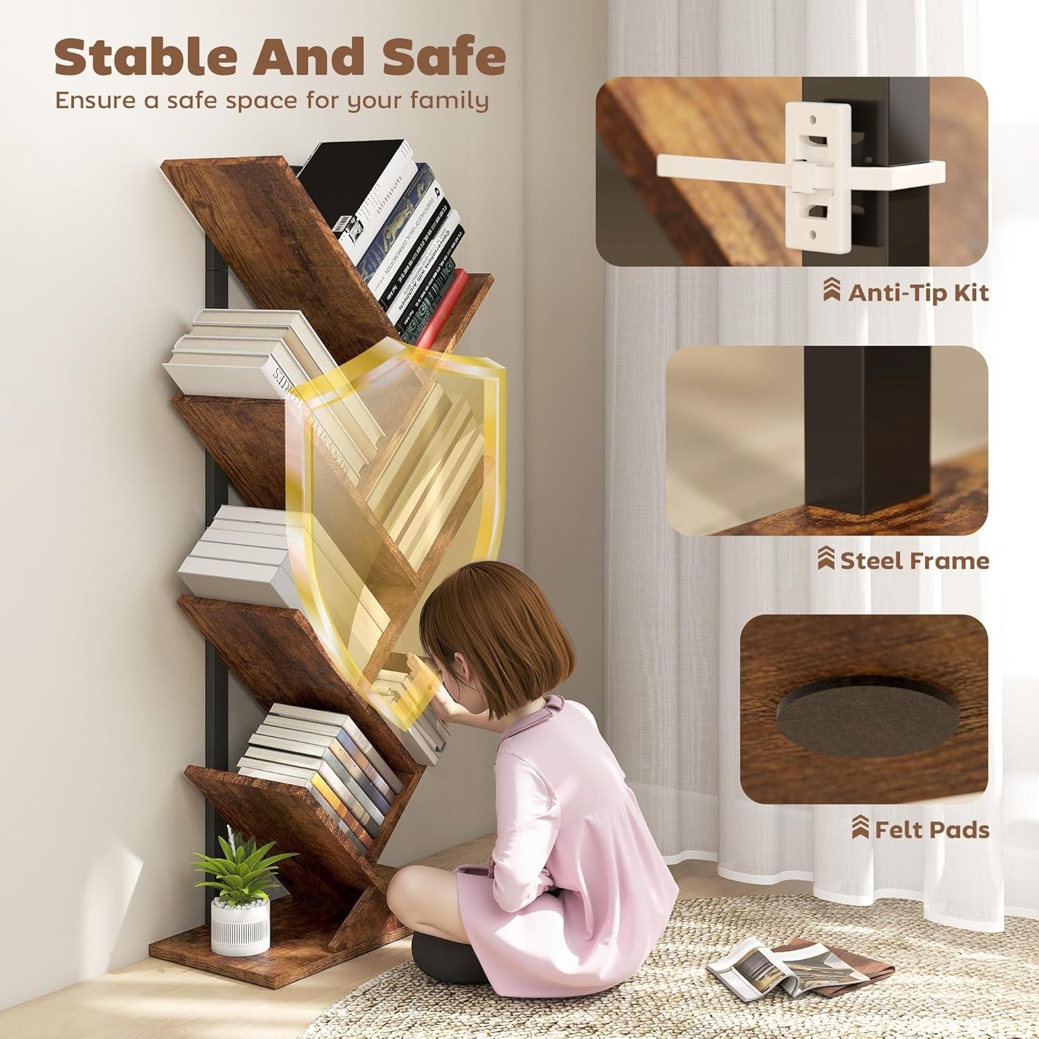 7-Tier Tree Bookshelf Rustic Brown Industrial Bookcase Vertical Space-Saving She