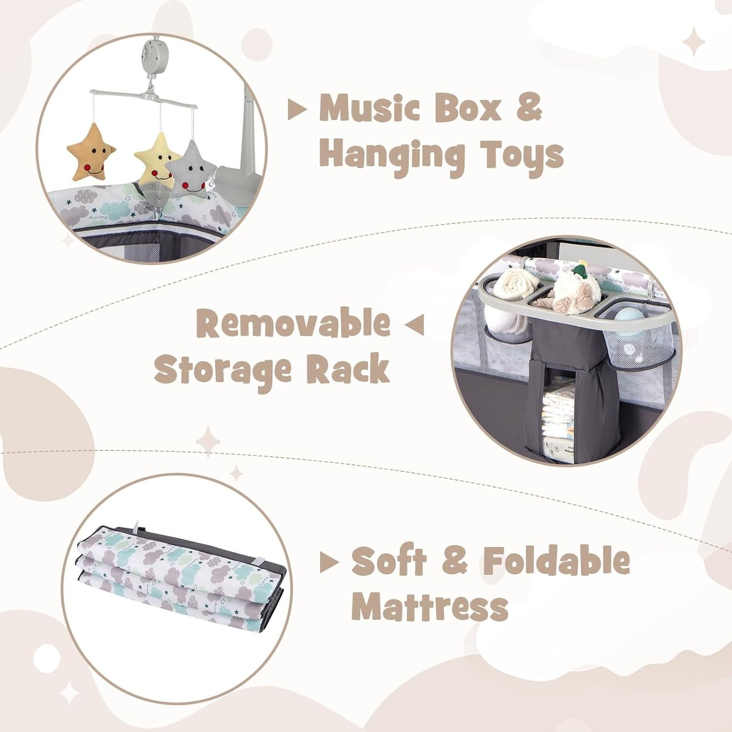 5in1 Baby Travel Cot Bedside Crib Bassinet w/ Mattress Changer Music Toys Grey