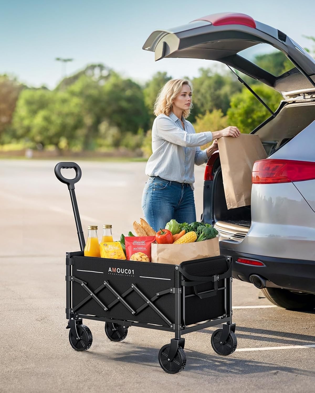 Black 90L Folding Festival Trolley Expandable Camping Wagon 360lbs Heavy Duty