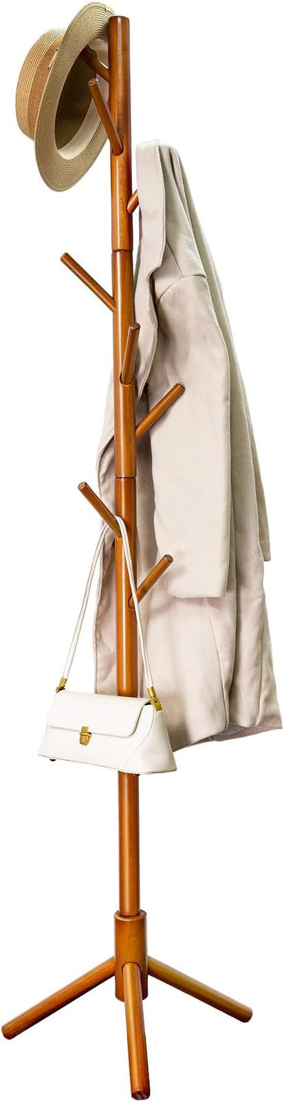 Brown Bamboo Coat Rack Freestanding 8 Hooks | Adjustable Wooden Hall Tree Stand