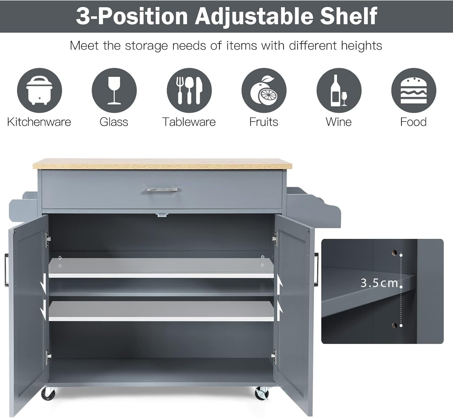 Rolling Kitchen Island Cart with Storage Cabinet, Drawer & Adjustable Shelf, Loc
