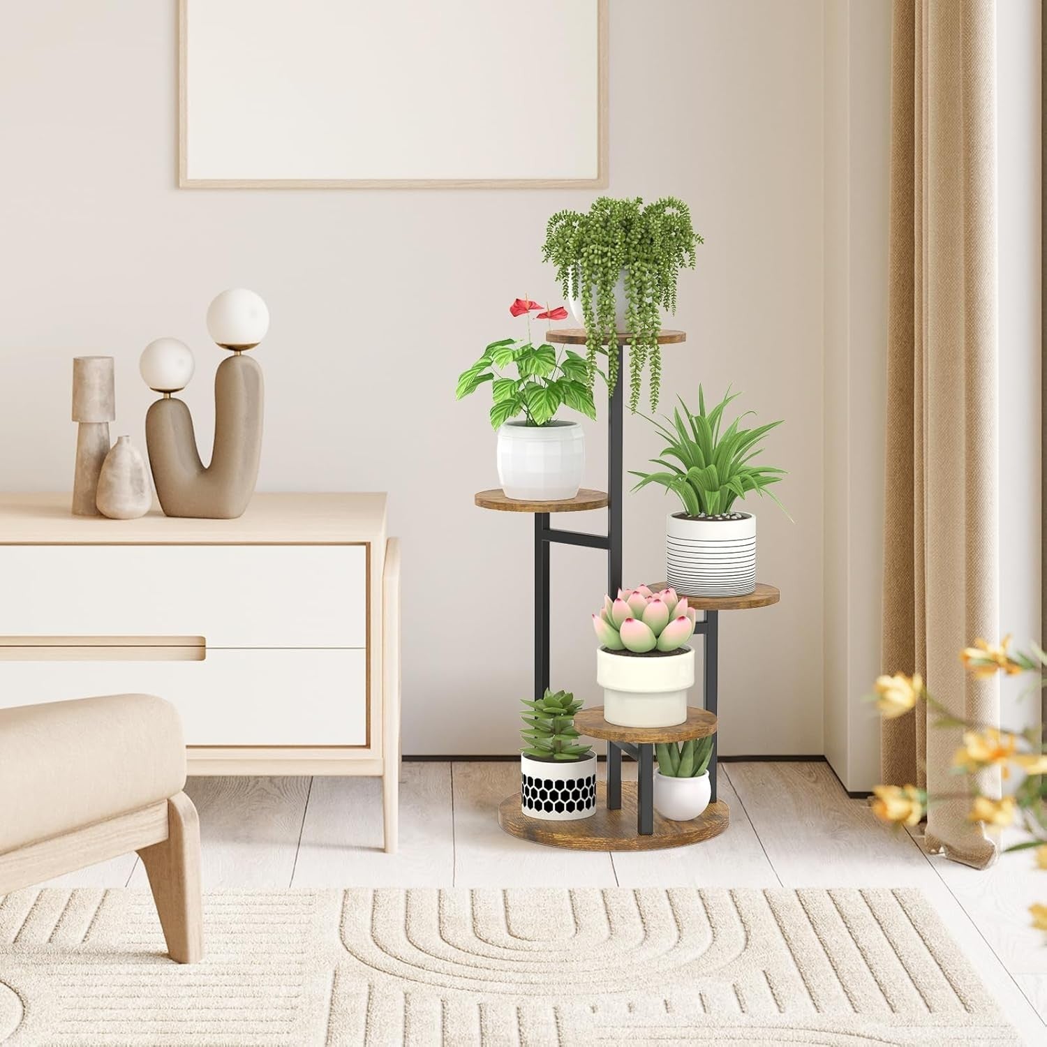 5 Tier Metal Wood Plant Stand Indoor Outdoor Flower Display Rack – Round Shelf