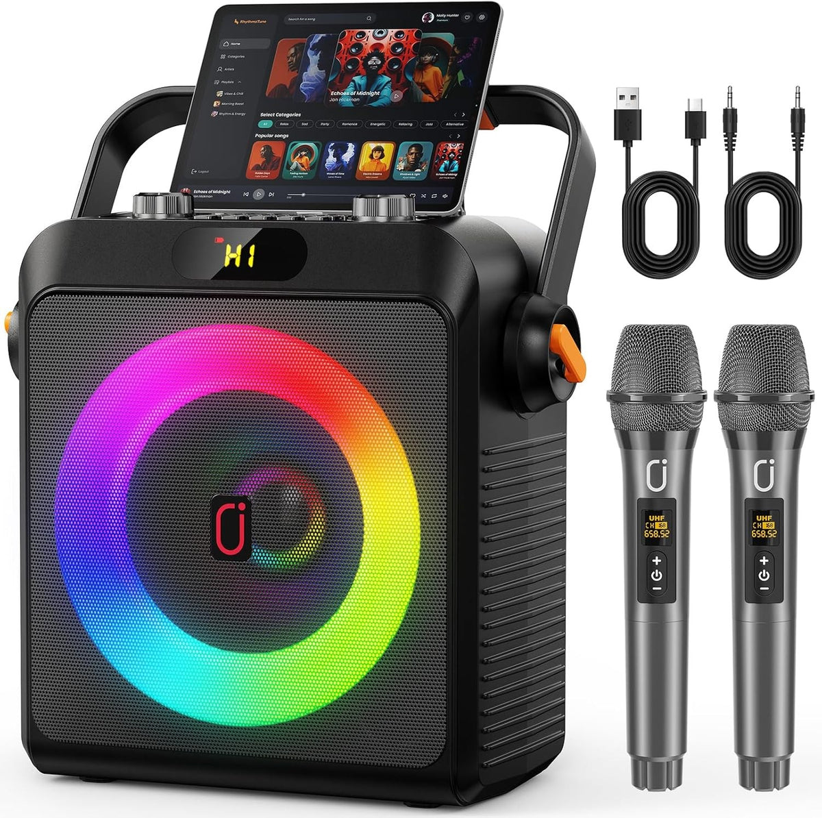 Karaoke Machine 2 Wireless Mics Bluetooth Speaker Bass Boost LED
