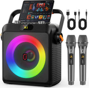 Karaoke Machine 2 Wireless Mics Bluetooth Speaker Bass Boost LED