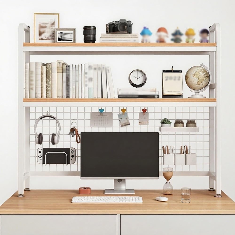 2-Tier Desktop Hutch Bookshelf Organizer Rack with Mesh Grid Panel 55cm White