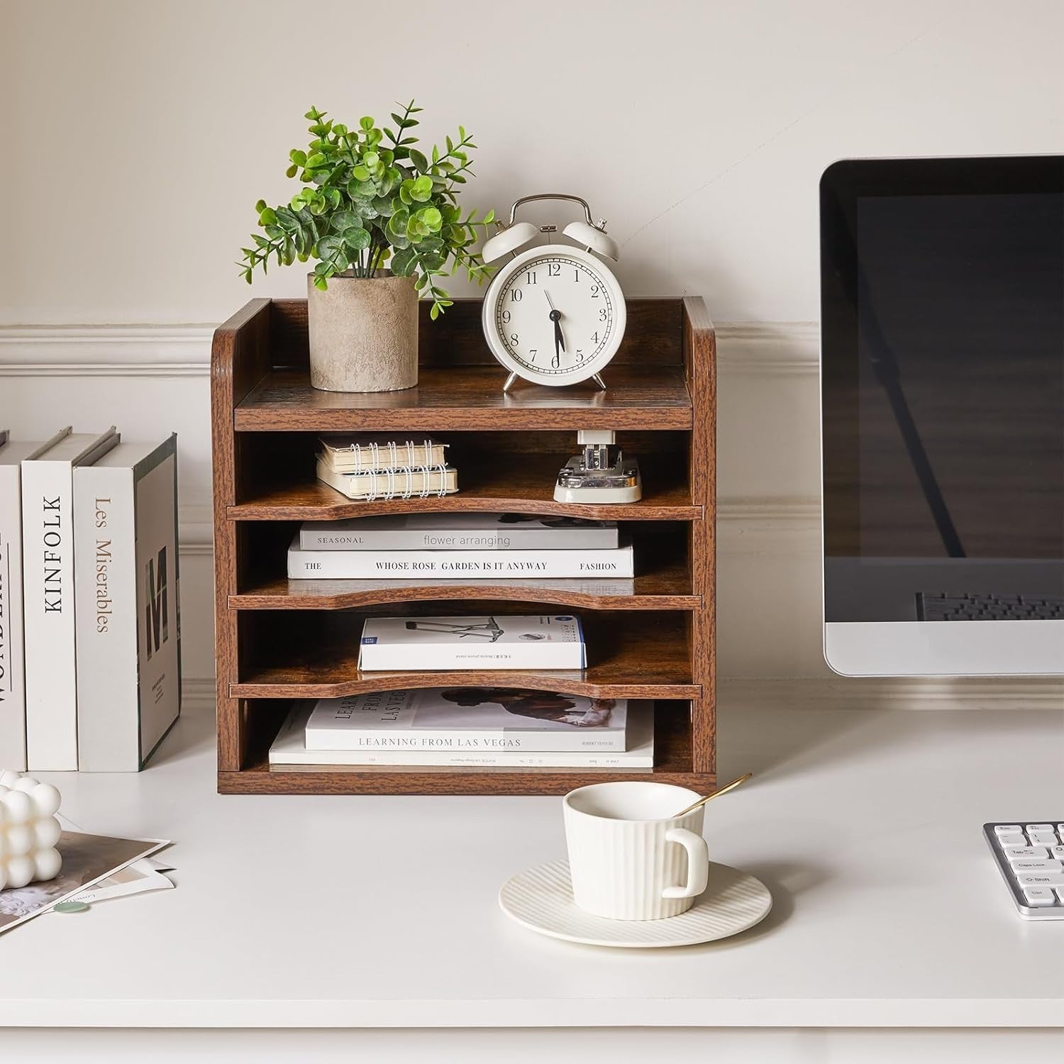 5 Tier Desk File Organiser A4 Paper Tray Magazine Holder Adjustable Wood