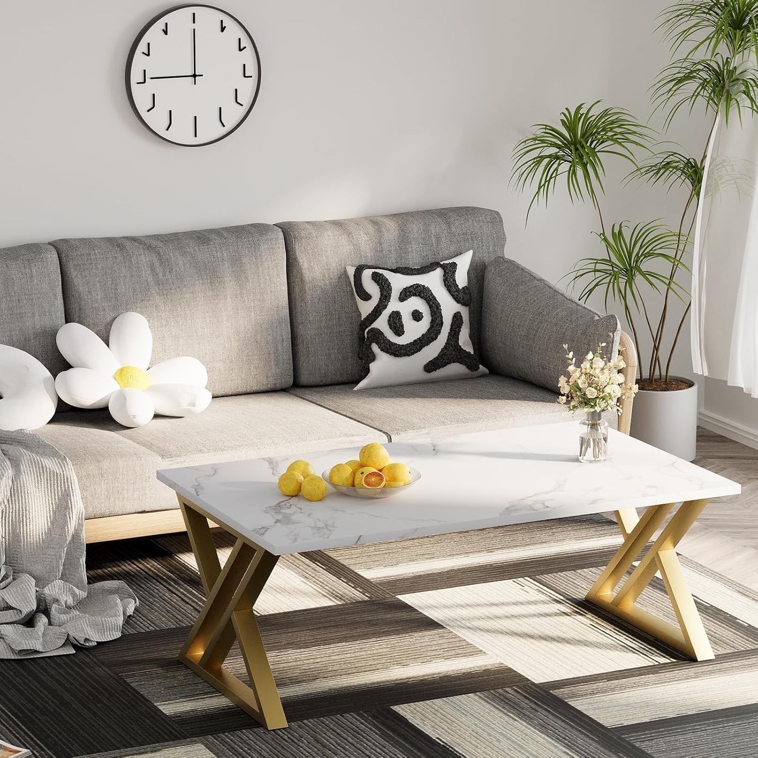 Modern White Gold Coffee Table Rectangular Living Room Table Open Storage