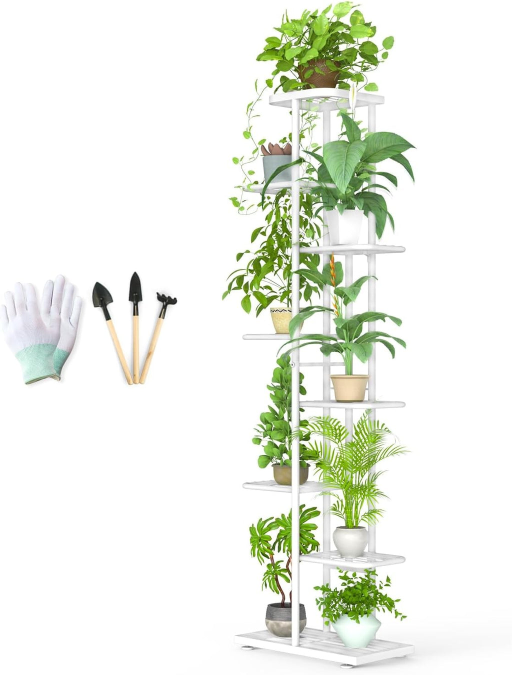 8 Tier White Metal Plant Stand Tall Indoor Outdoor Flower Shelf with Tools Set