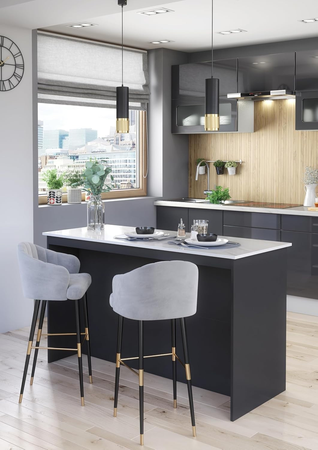 Graphite & Marble Kitchen Island with Breakfast Bar, Open Shelves & Storage