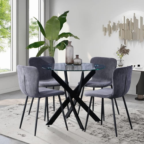 100cm Round Glass Dining Table & 4 Velvet Chairs Black Metal Legs Set