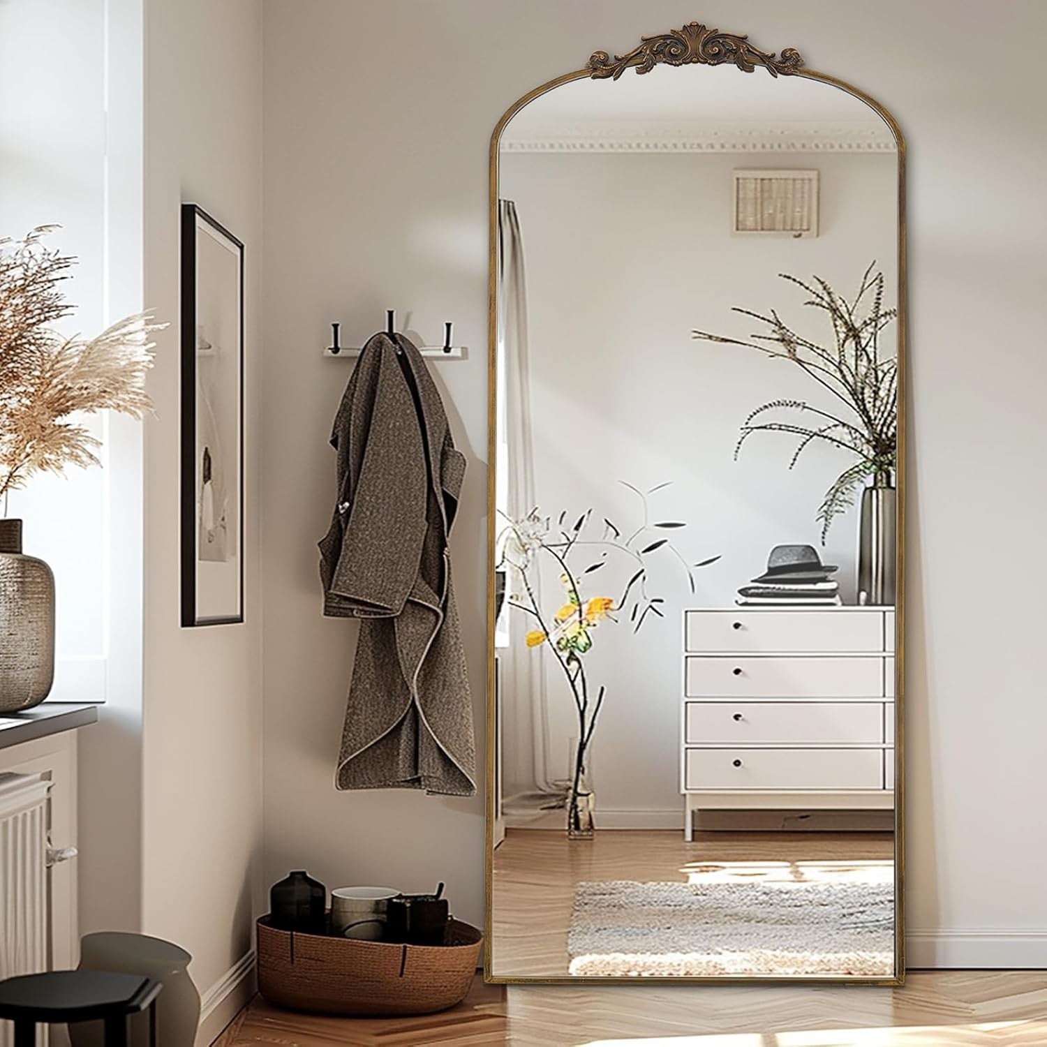 Large Arch Floor Mirror 180x76cm Ornate Bronze Full Body Leaning Wall