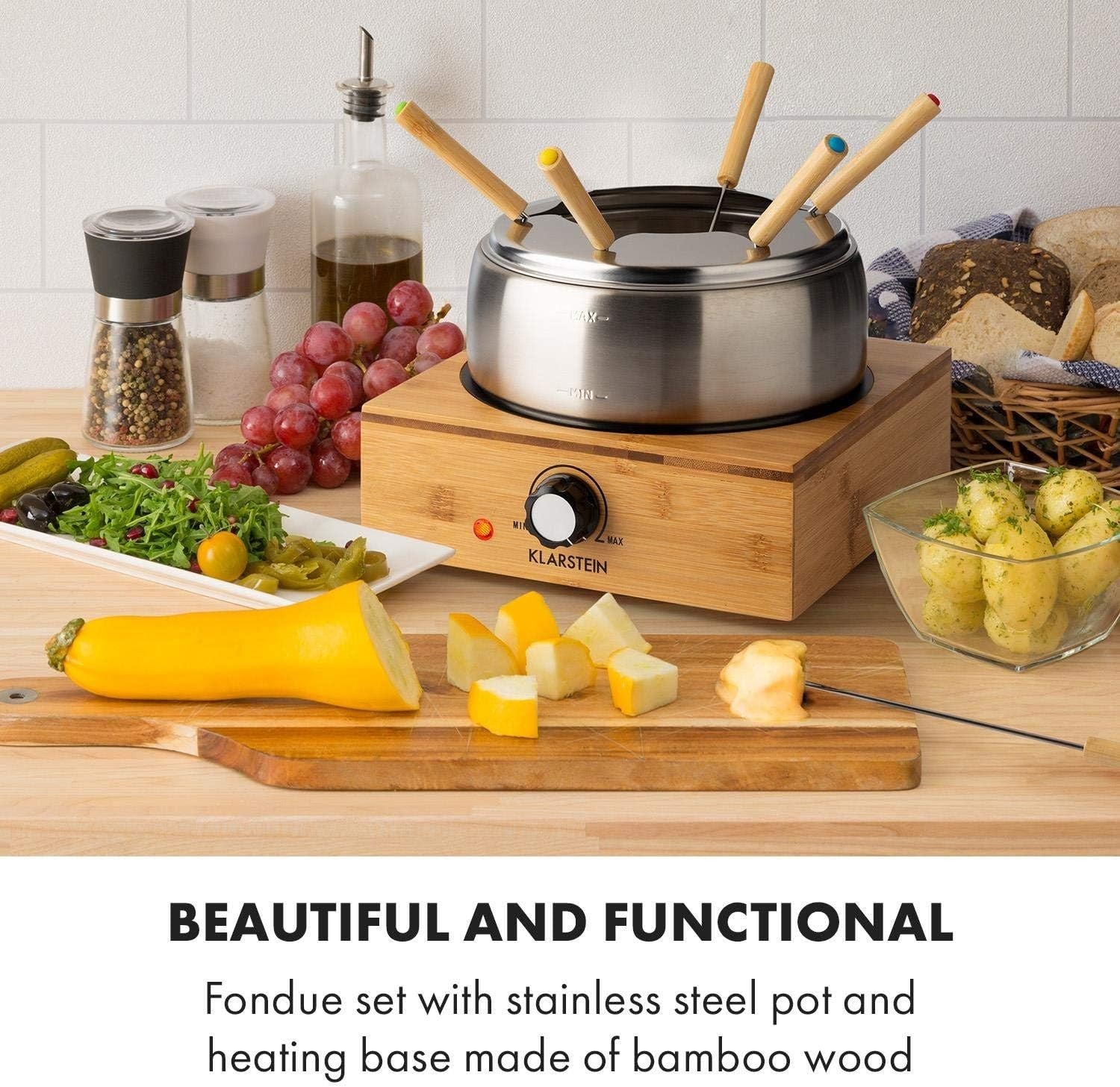 Electric Fondue Set 1.3L Cheese Chocolate Pot 6 Forks Bamboo Base