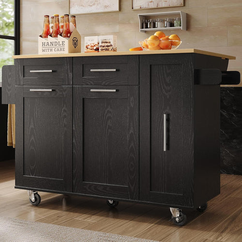 Black Rolling Kitchen Island with Foldable Worktop, Drawers & Cabinets