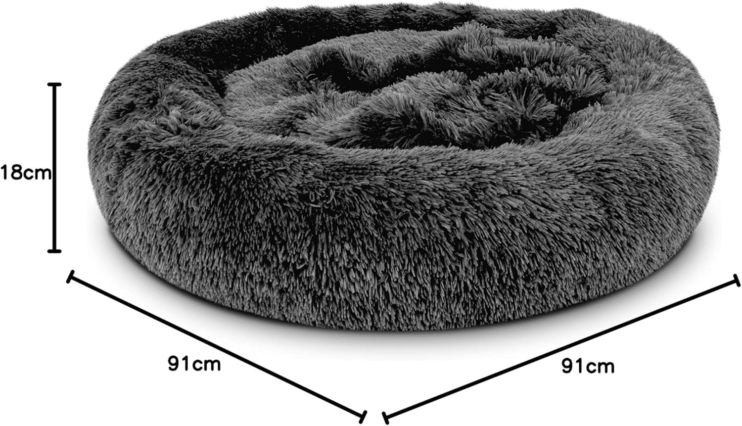 Large Plush Donut Dog Bed 91cm Calming Round Nest Grey