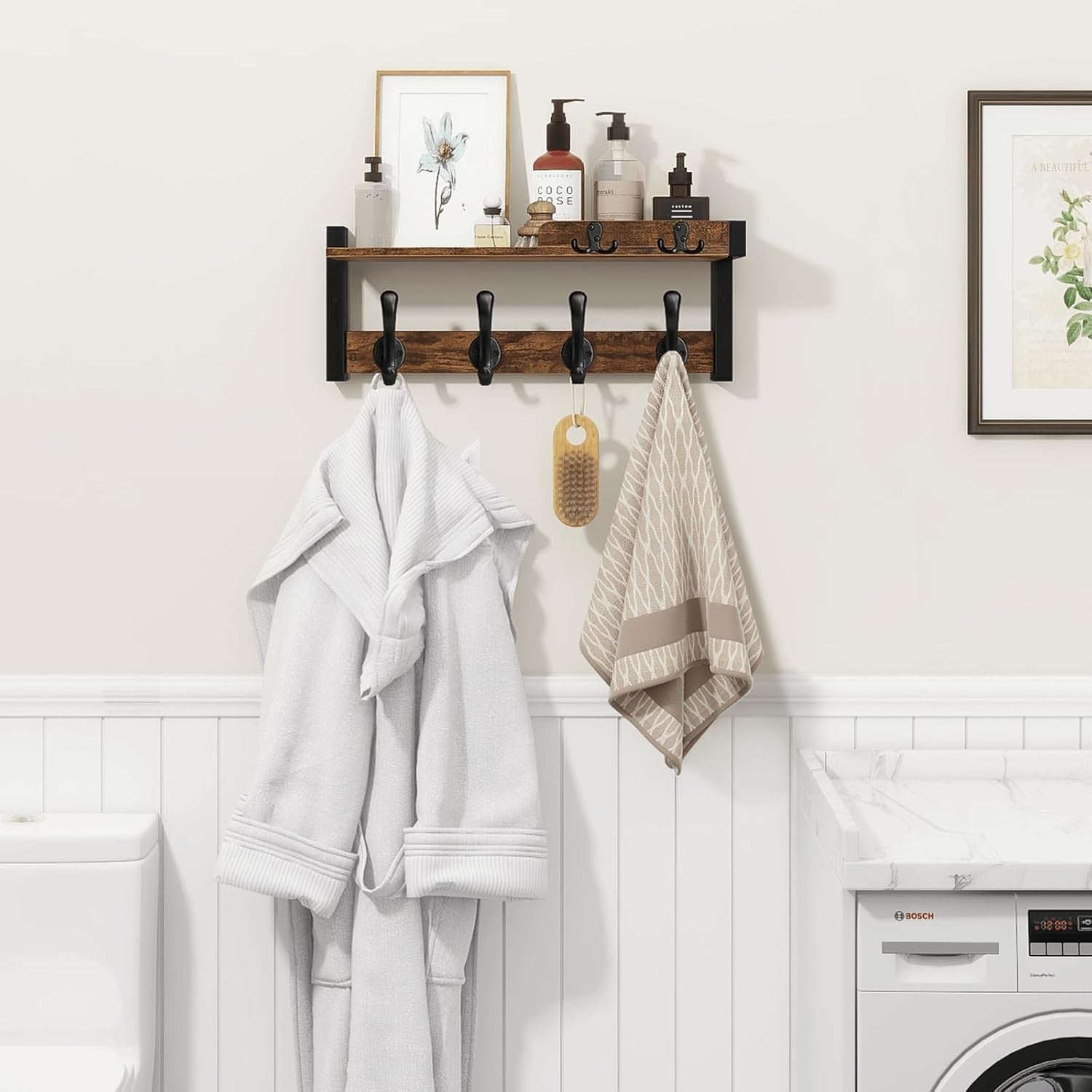 Rustic Wall Coat Rack with Shelf & Key Holder Wood Floating Entryway Organizer