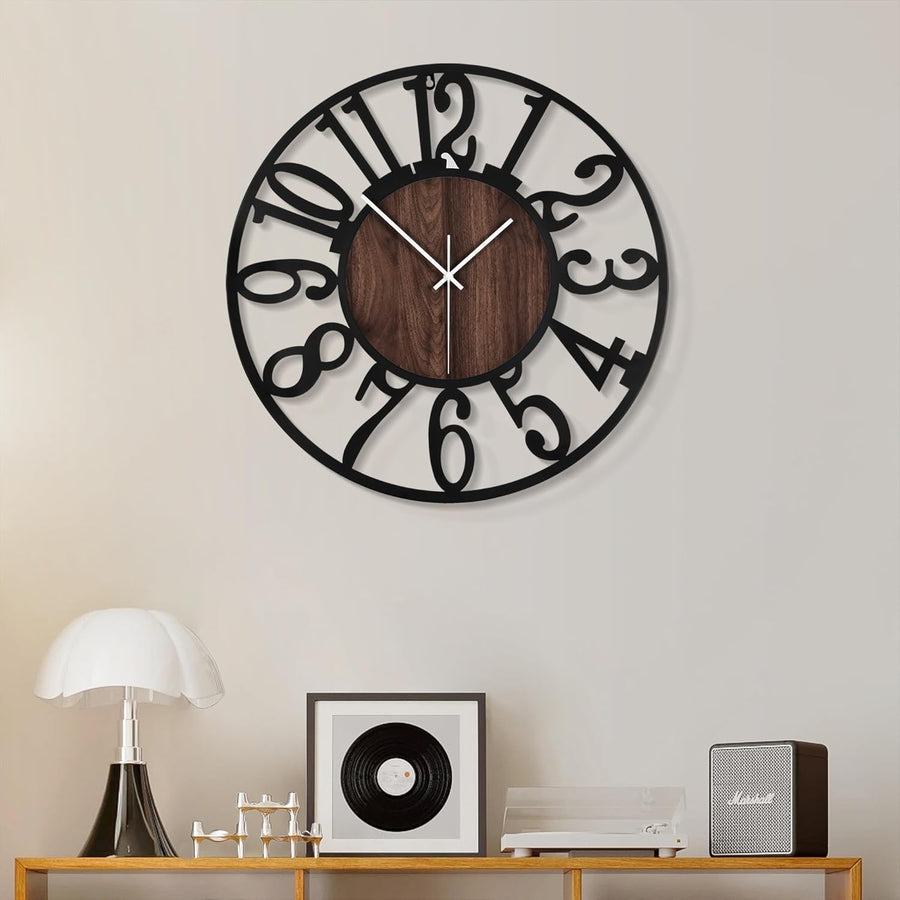14" Vintage Style Wall Clock Silent Wood & Metal Large Arabic Numerals Decor