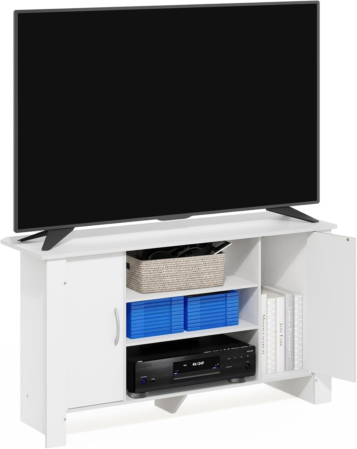 White TV Stand Cabinet Unit for 50" Flat Screen, Storage Doors Shelves