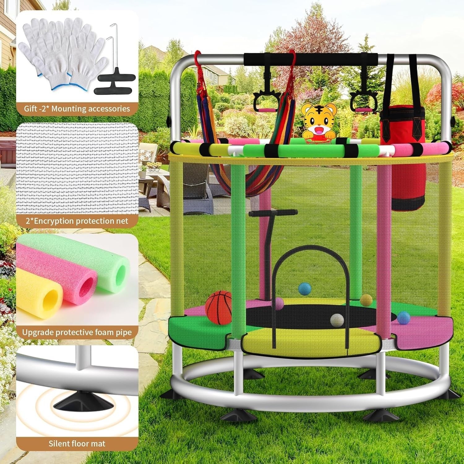 140cm Toddler Trampoline with Enclosure Gym Bar Toys Indoor Outdoor
