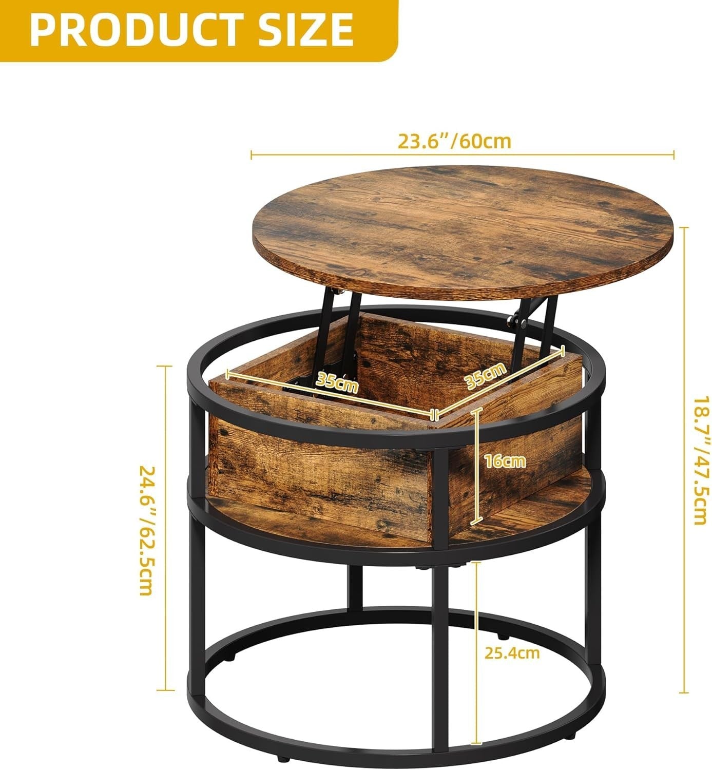Round Lift Top Coffee Table with Hidden Storage, Small Space Metal Frame