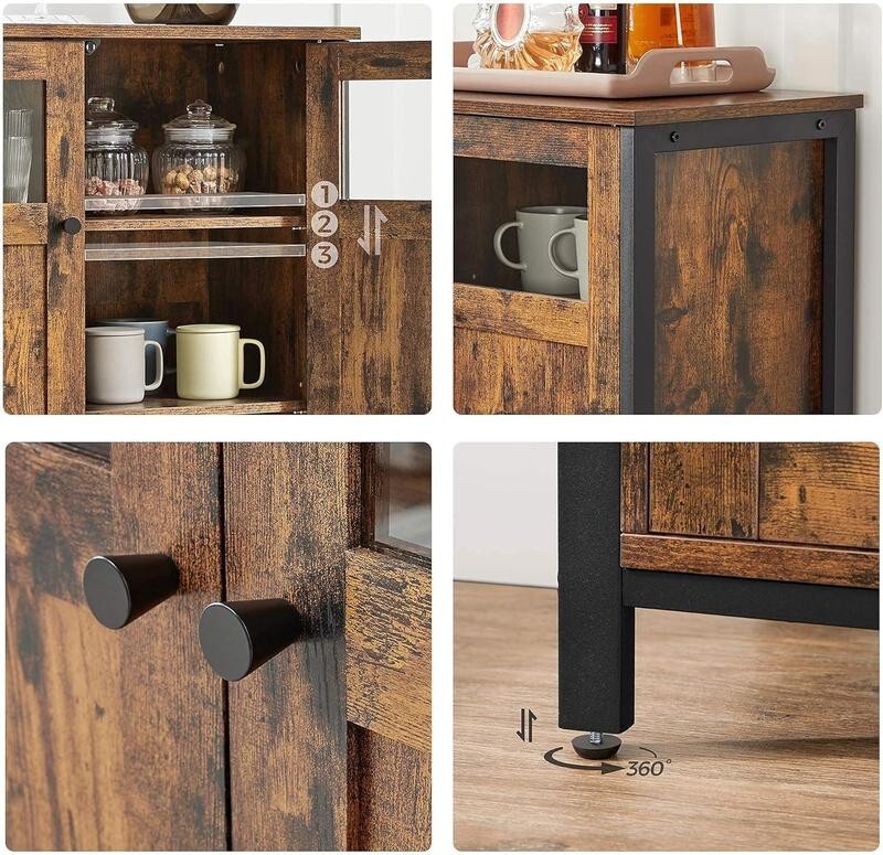 Rustic Sideboard Storage Cabinet with Glass Doors Industrial Buffet Unit