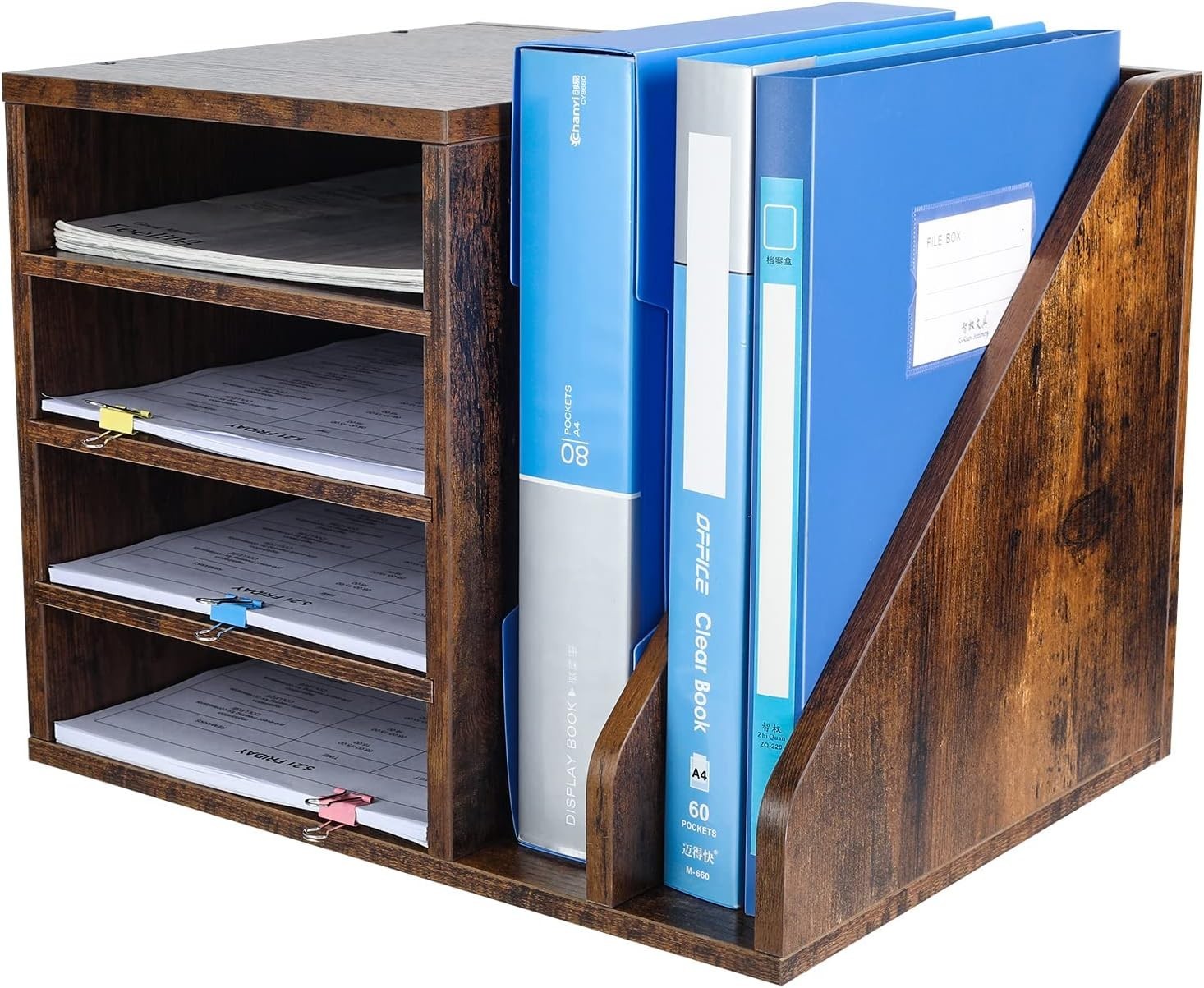 Wood Desktop File Organizer Mail Sorter | Desk Tray A4 Paper Storage