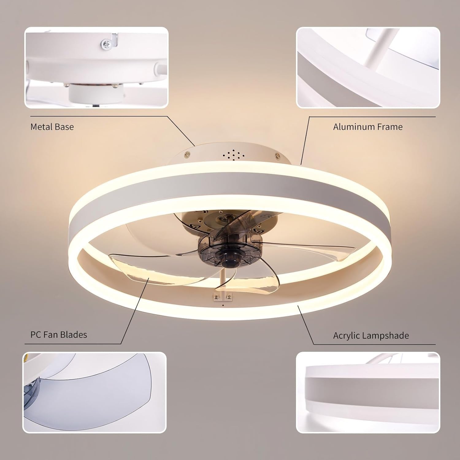 50cm Smart Ceiling Fan Light, 6-Speed Dimmable Reversible LED, Quiet Grey