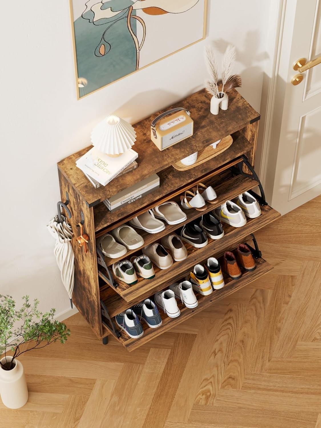 Slim Shoe Cabinet with 2 Flip Drawers & Adjustable Shelves, Narrow Storage