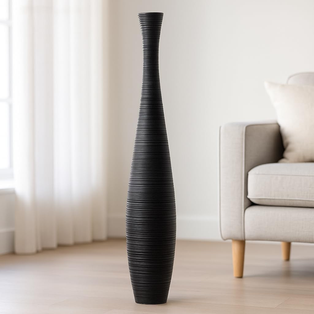 Black Floor Vase 65cm Tall Wooden Decor Pampas Grass