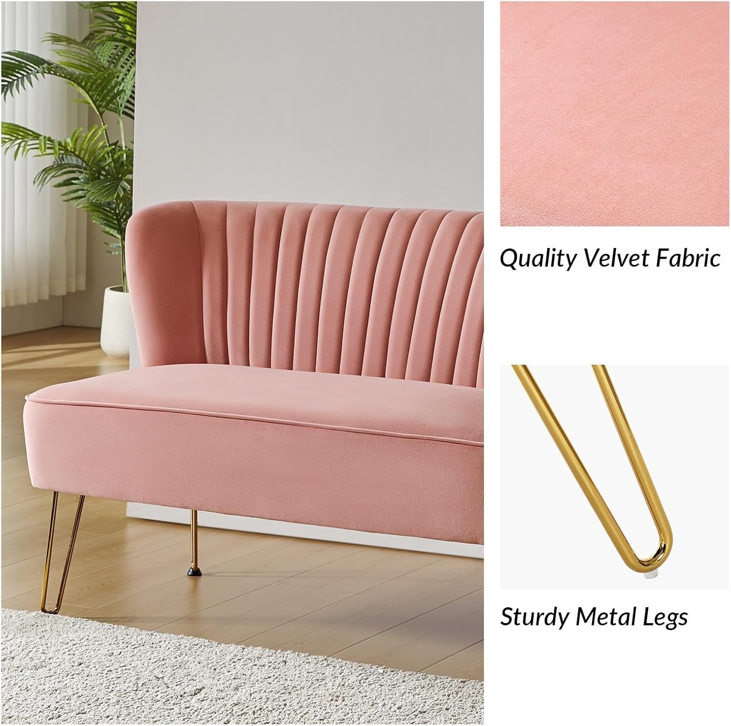 Pink Velvet 2 Seater Sofa with Gold Legs Compact Loveseat for Lounge Flat