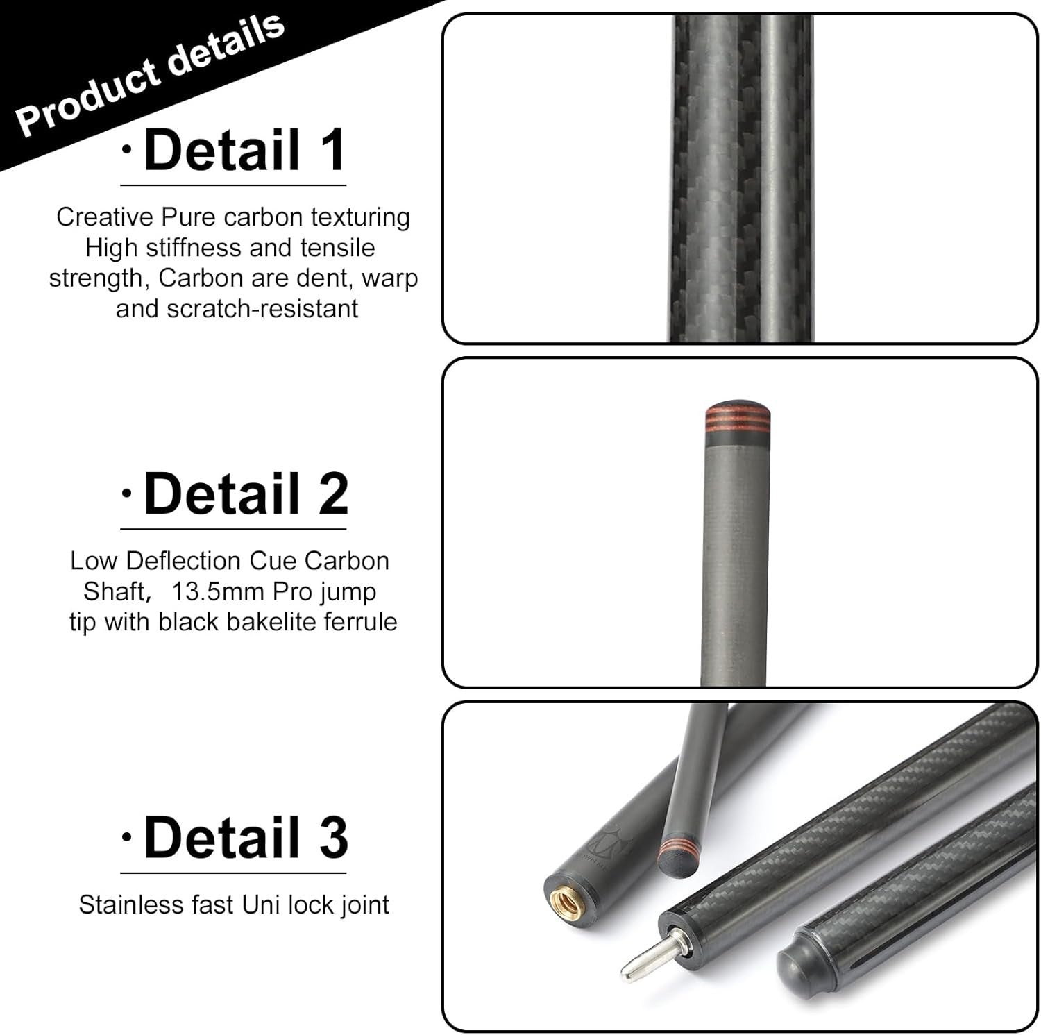 Low Deflection Pool Cue 20oz Carbon Shaft 12.5mm Tip Uni-Lock Grip