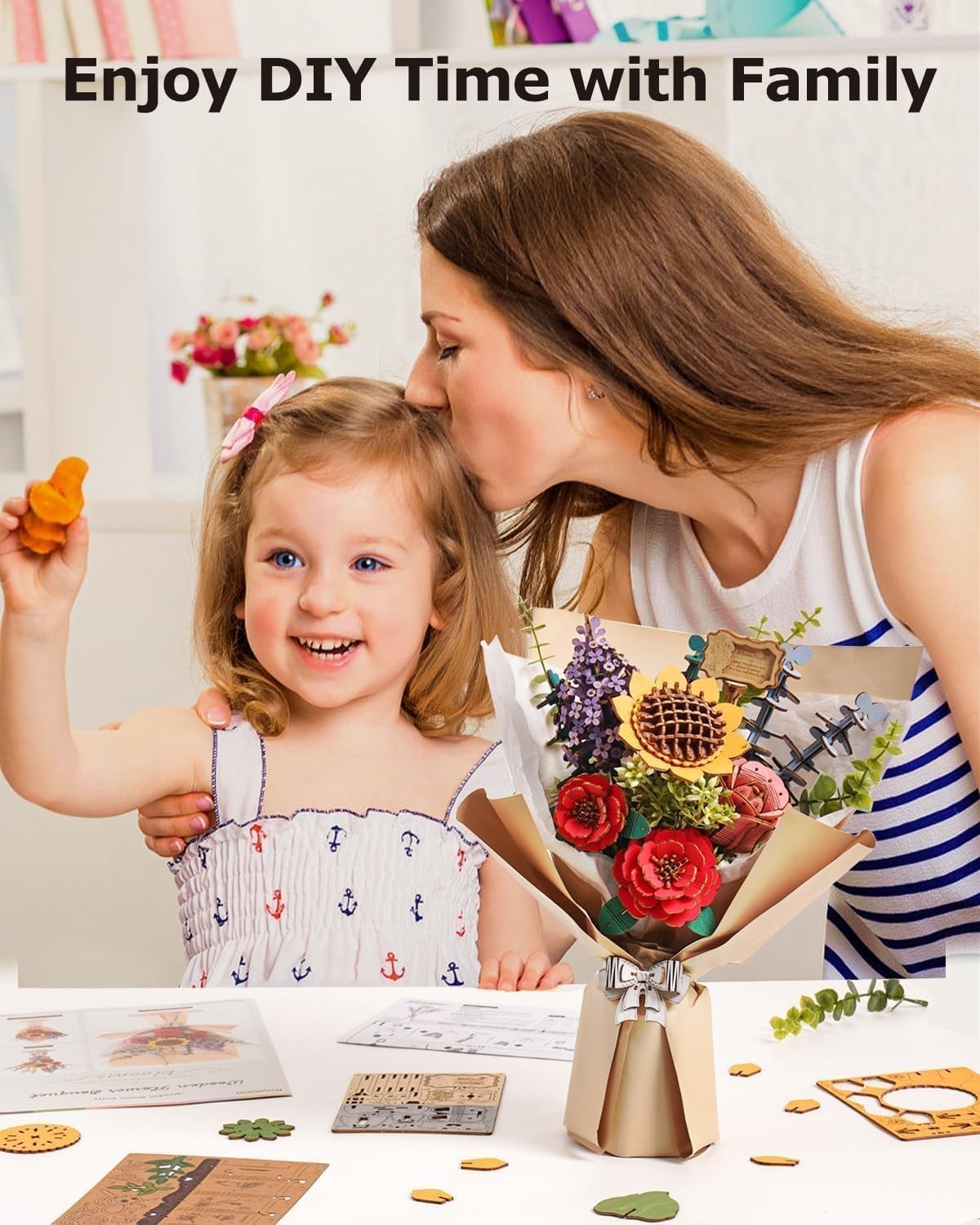 DIY 3D Wooden Flower Bouquet Puzzle Kit – Unique Home Decor Gift Set