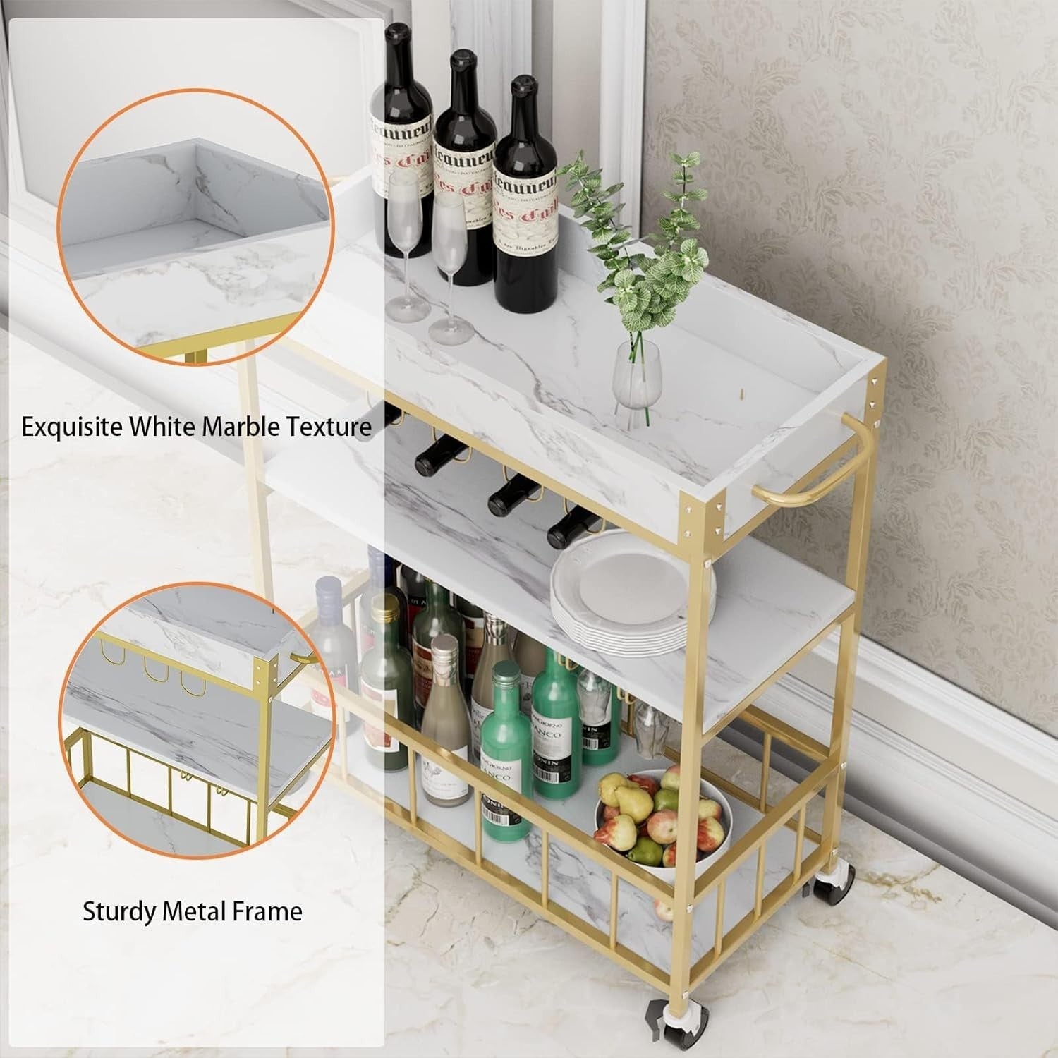 3 Tier Gold Bar Cart with Wine Rack & Glass Holder Rolling Drinks Trolley