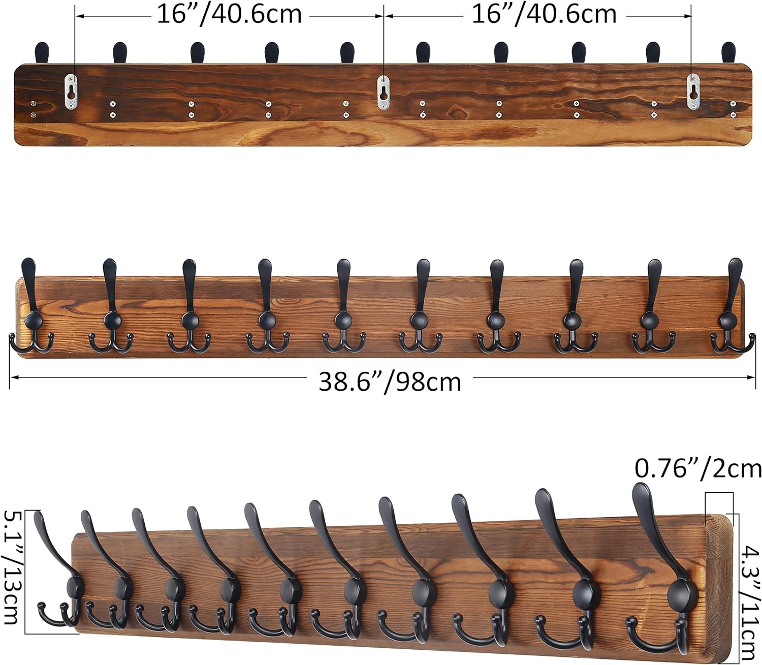 Set of 2 Brown Wooden Wall Coat Racks | Heavy Duty 10 Hook Rustic Organizer 38