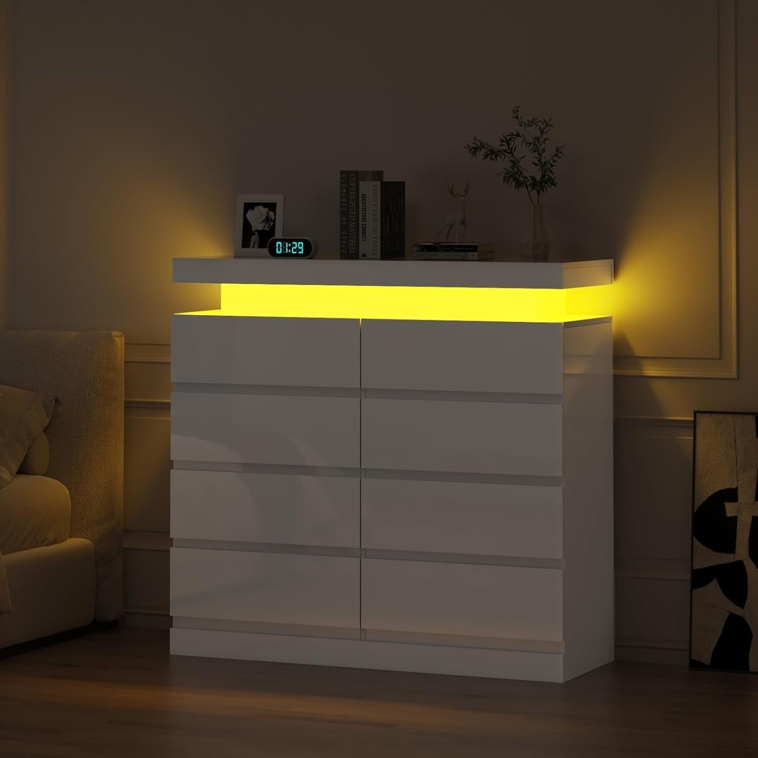 White Gloss Chest 8 Drawers with RGB LED Lights Storage Cabinet Modern