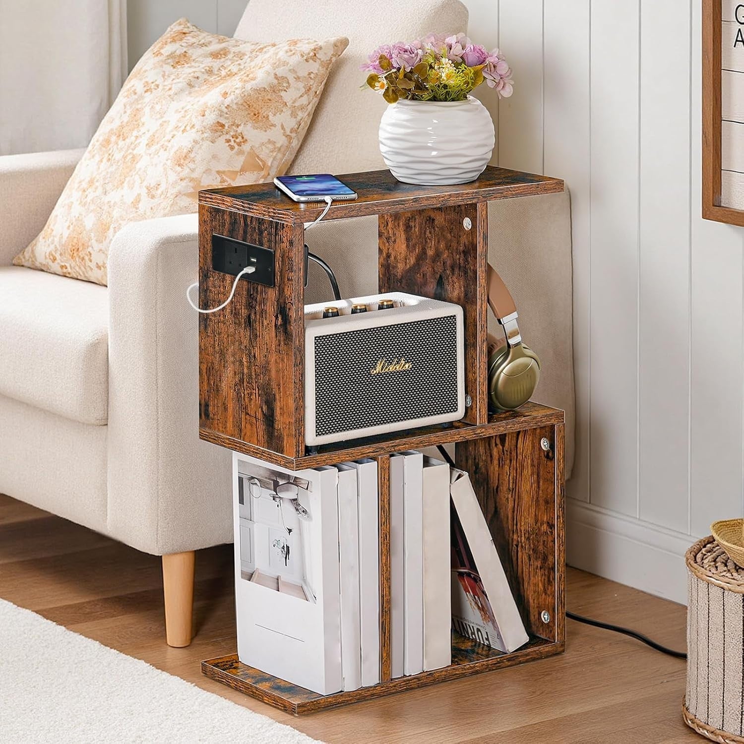 Slim S-Shaped Side Table w/ USB & AC Outlet | Narrow Bedside & End Table