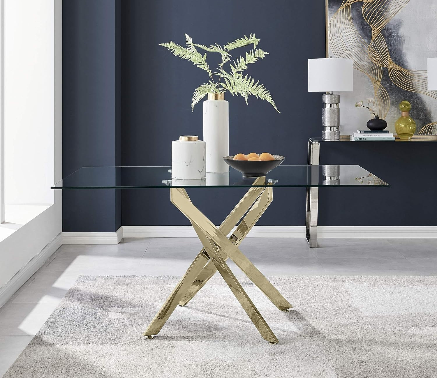 Modern Glass Dining Table with Gold Metal Legs Rectangular 6 Seater Design