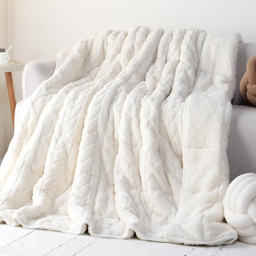15lb Weighted Blanket 60x80 Jacquard Sherpa Cozy Sleep Aid Cream White Queen