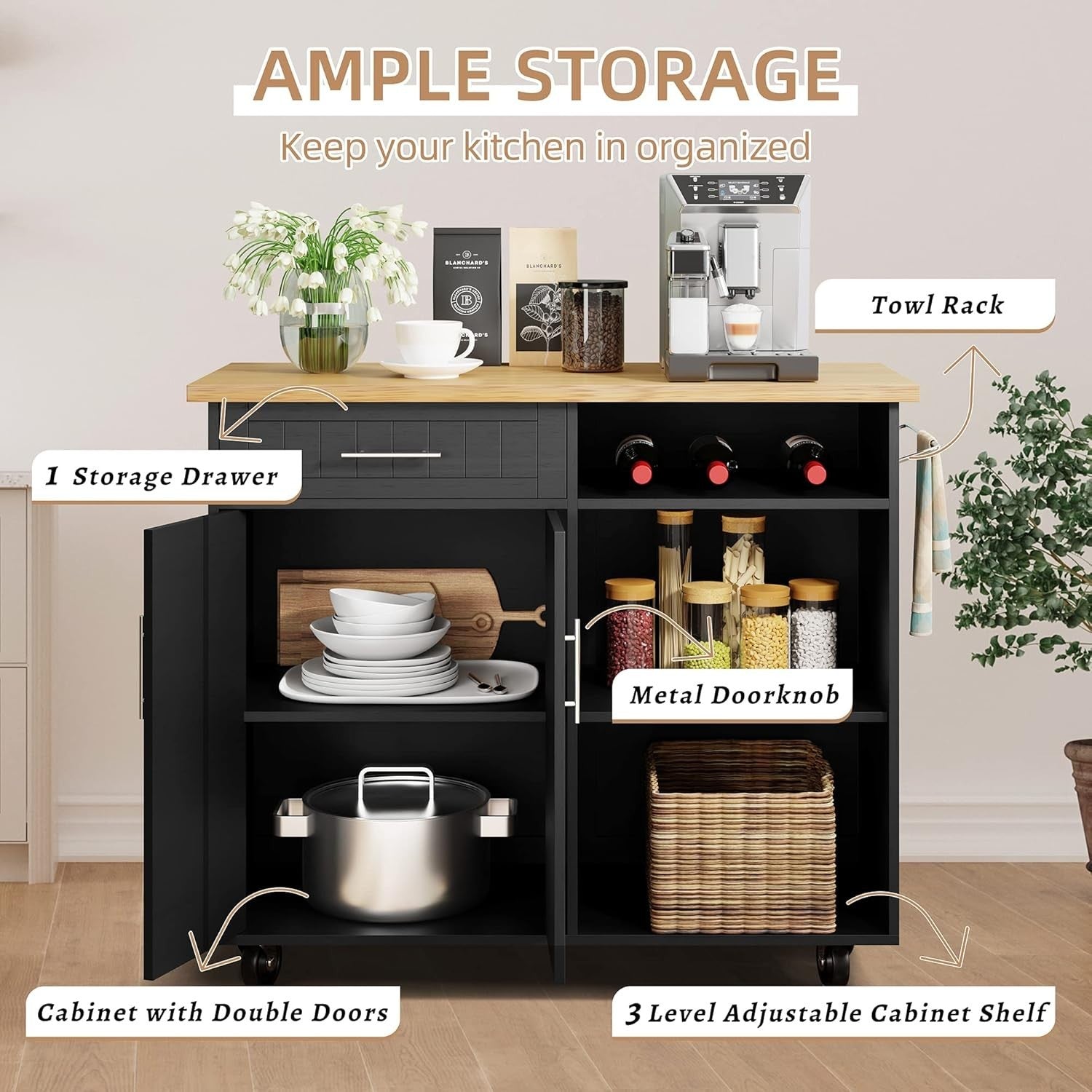 Rolling Kitchen Island Cart with Large Storage Cabinet & Towel Rack, Black