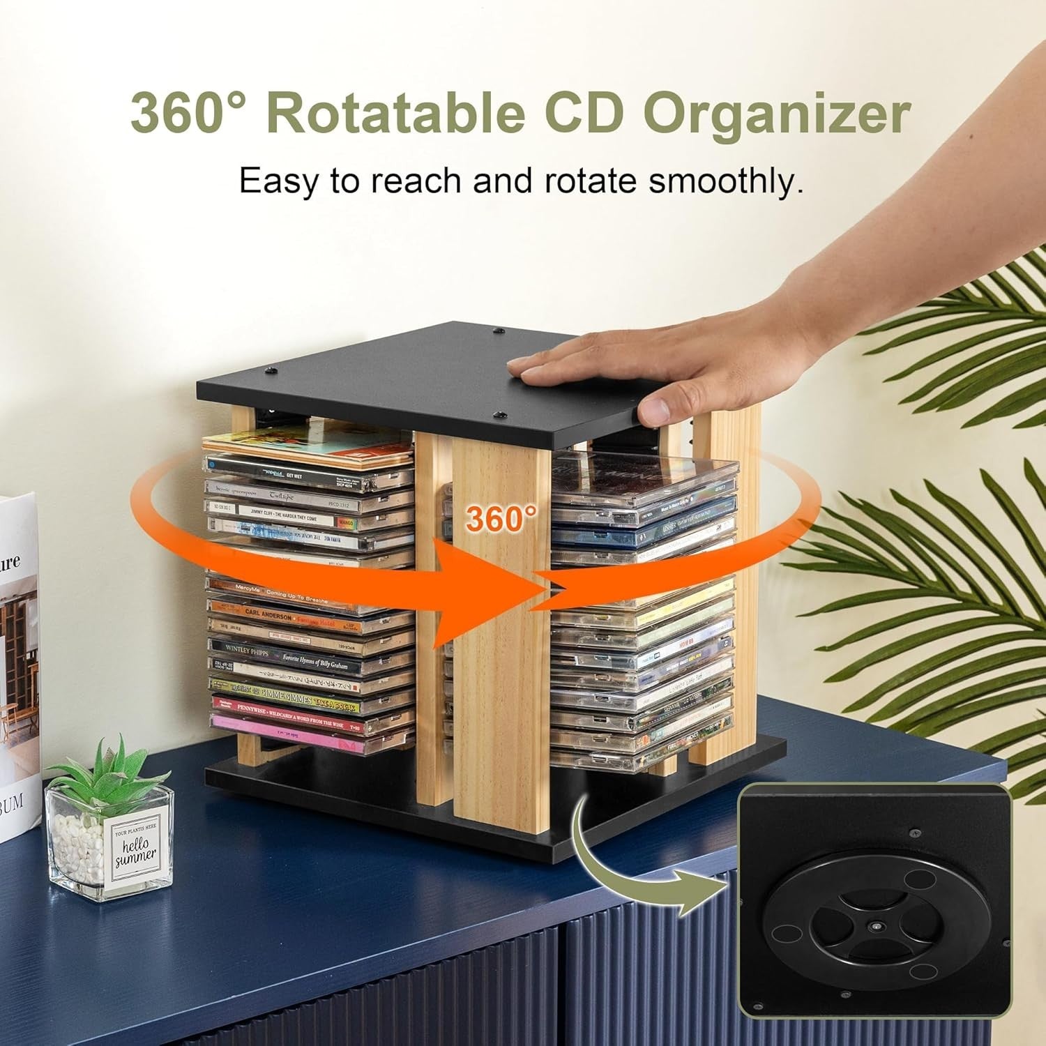360° Rotating CD Storage Rack Holds 68 Cases Wood Organizer Black