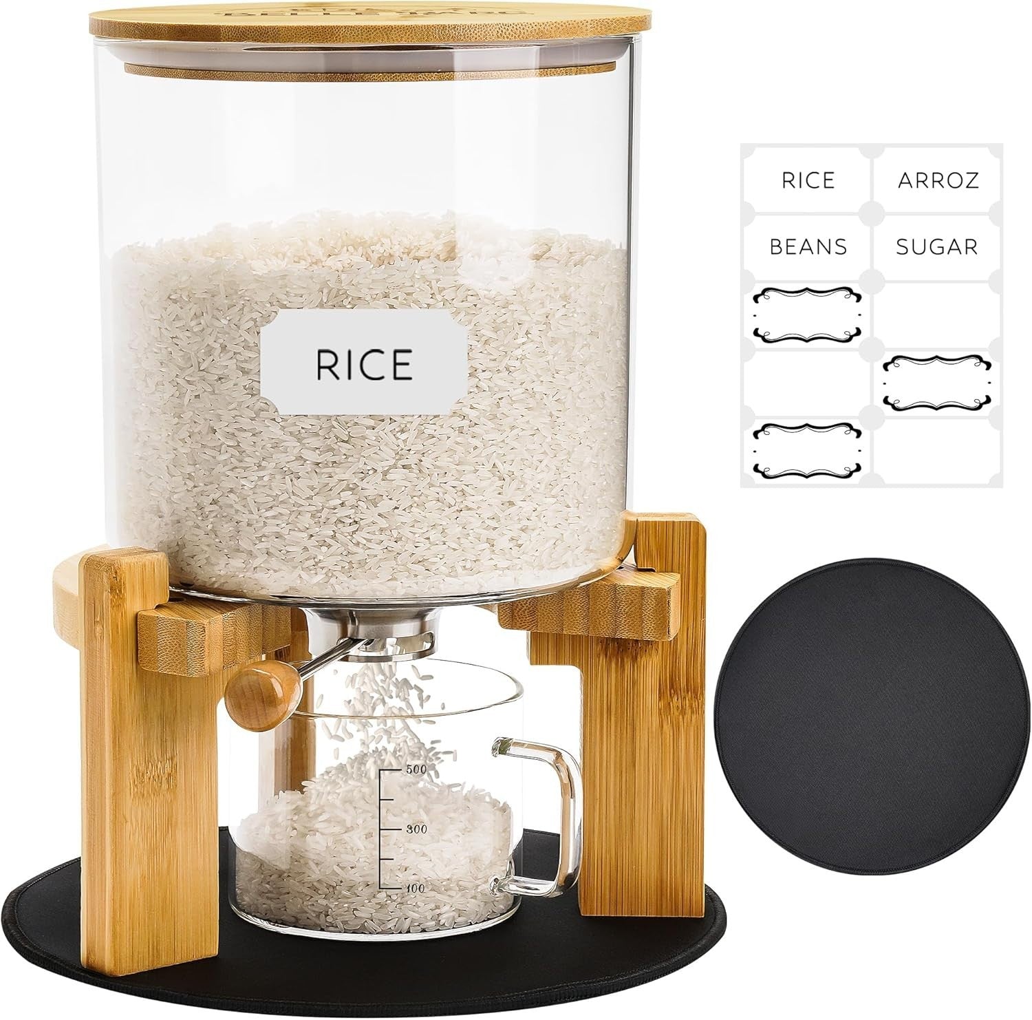 5L Glass Rice Dispenser Airtight Bamboo Lid w Cup