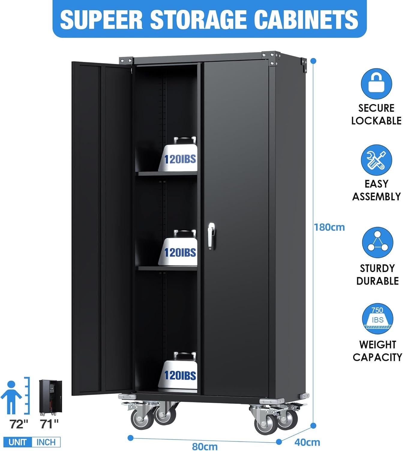 Tall Metal Storage Cabinet with Wheels Shelves Lockable Doors Broom Closet