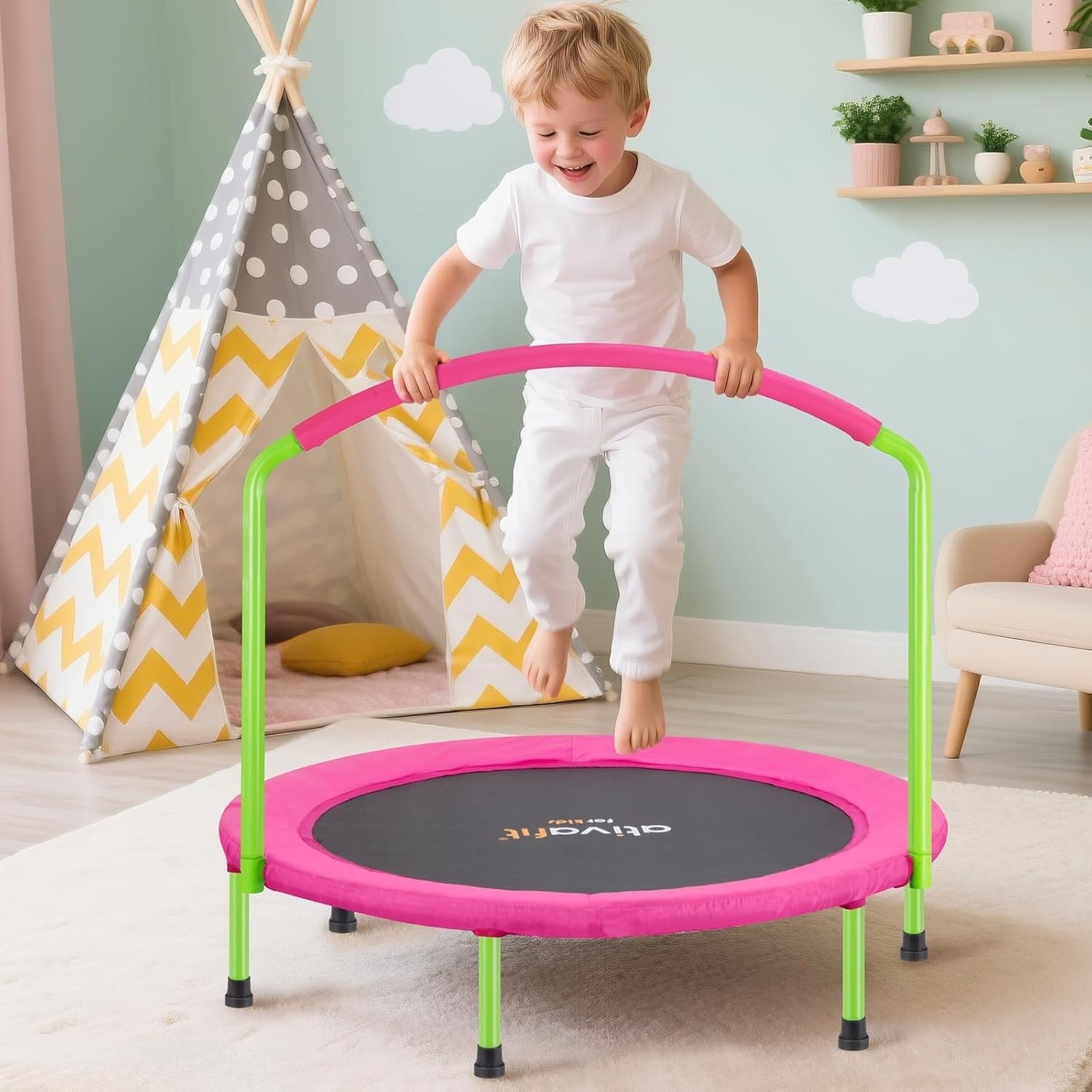 36” Pink Toddler Rebounder Trampoline Foldable Quiet Indoor Outdoor
