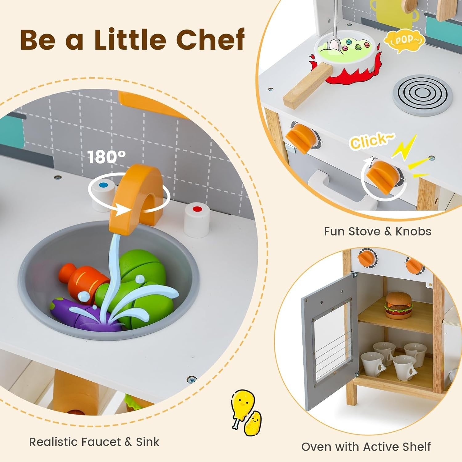 Wooden Kids Play Kitchen Pretend Cooking Set Sound Clock Accessories